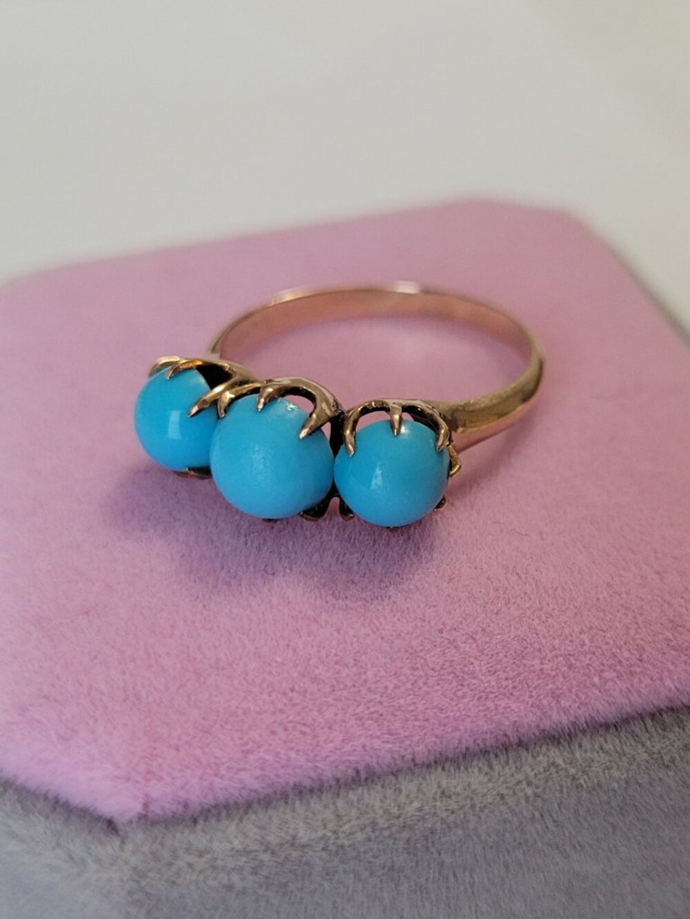 Turquoise Antique Gold Ring Victorian 3 Blue Stones 10k December Birthstone - Picture 7 of 16